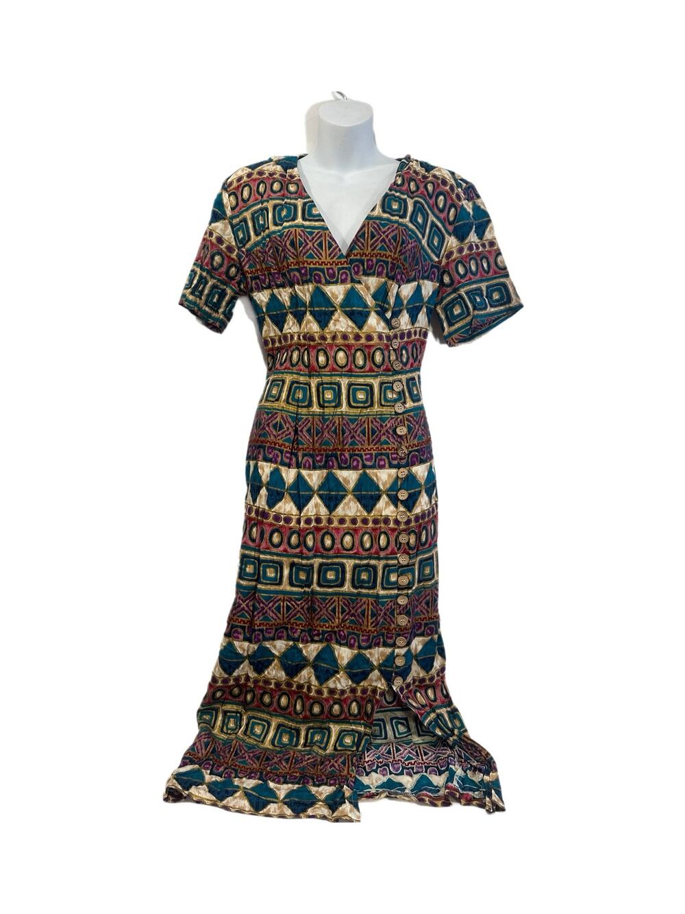 Vintage Betsy Lauren 90s Rayon Geometric Tribal Faux Button Front Maxi Dress 10